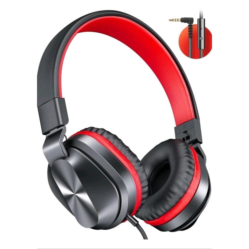 PeohZarr On-Ear Headphones with Microphone, Lightweight Folding Stereo Bass Red